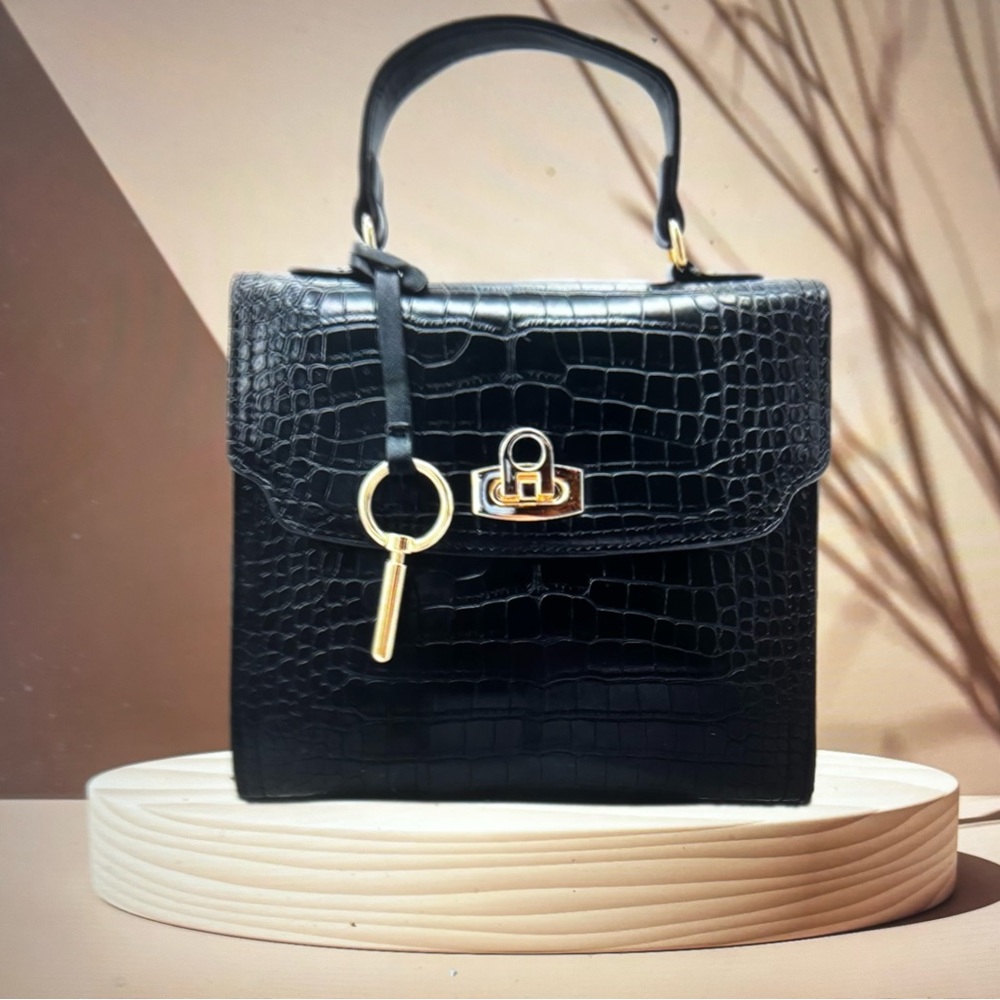 Black Crocodile-Embossed Satchel/Crossbody